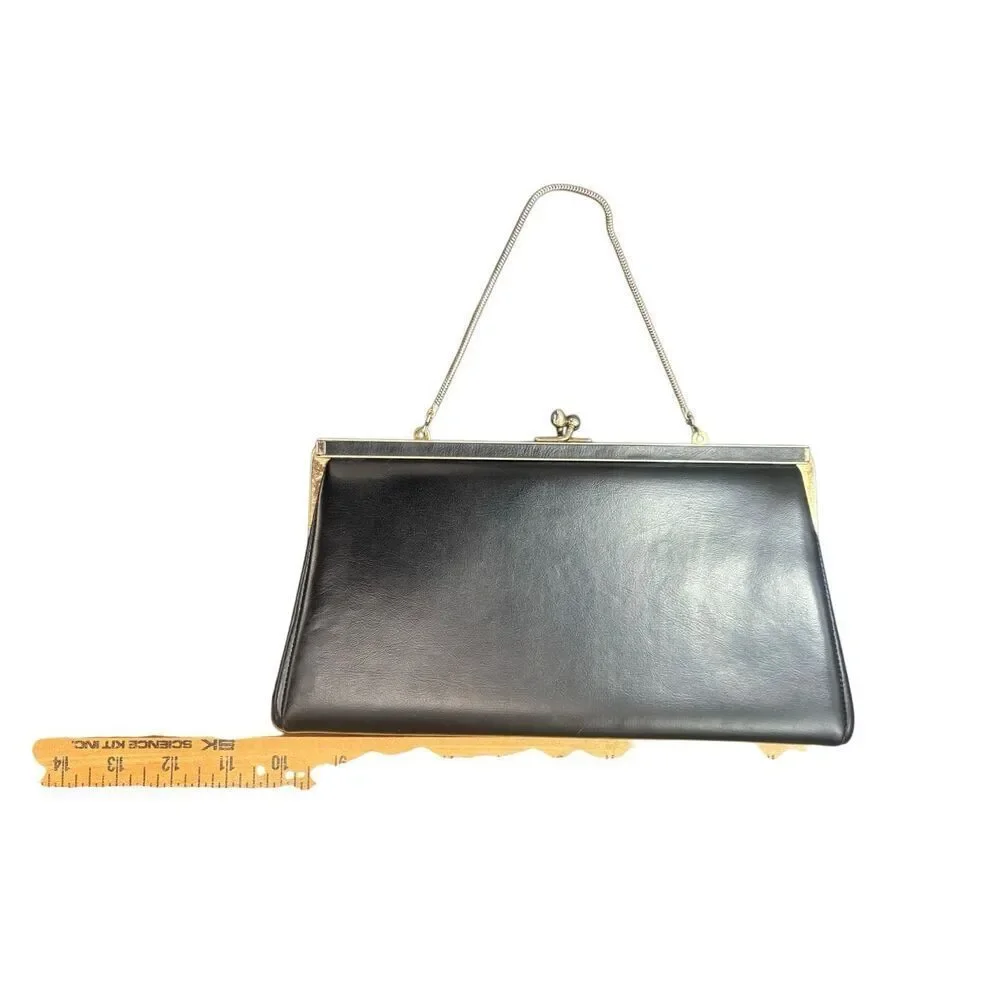 Ande Vintage Black Leather Clutch Evening Bag With Chain Strap